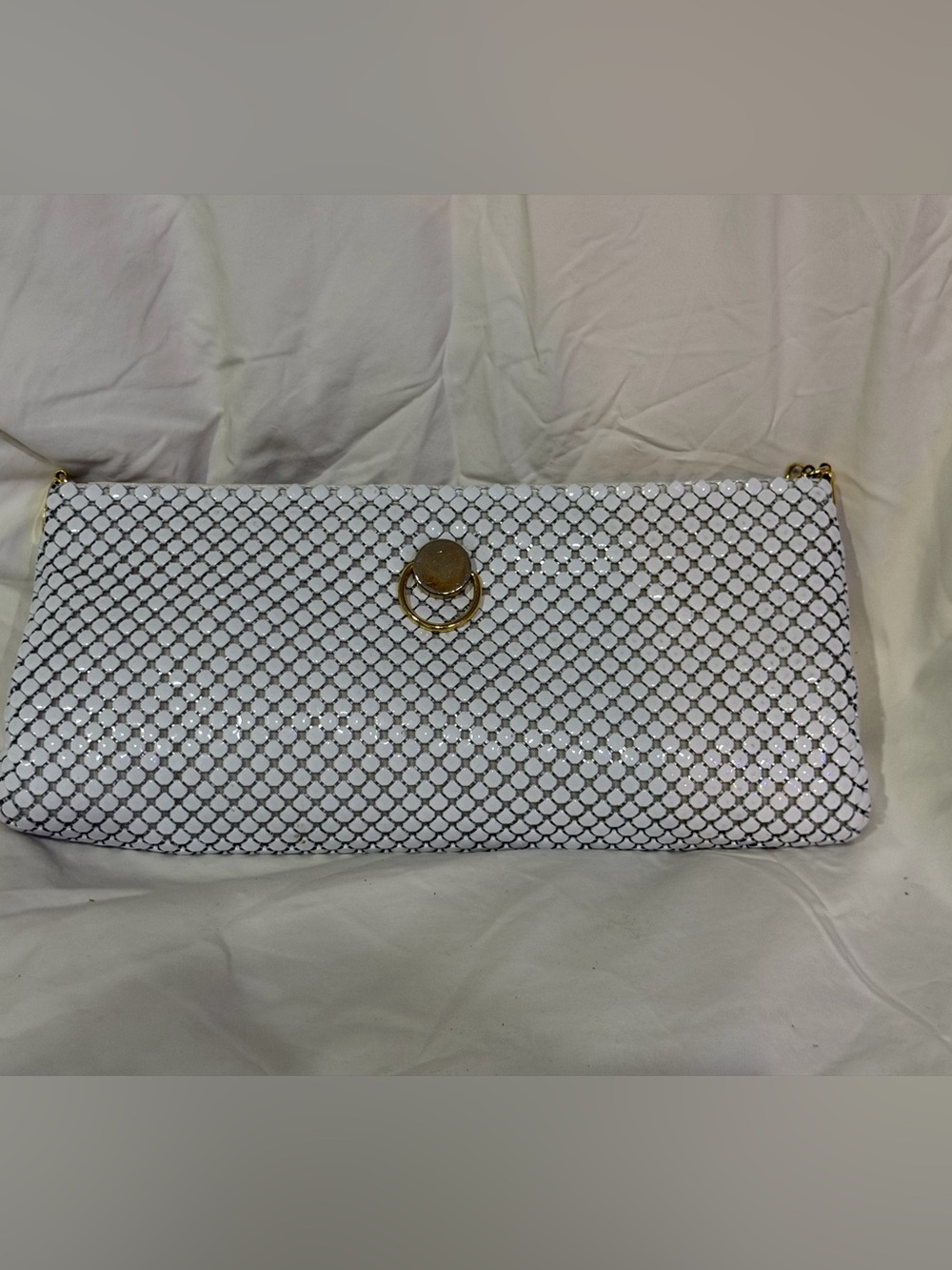White Sequin Mesh Clutch with Gold Ring Accent - Picture 1 of 4